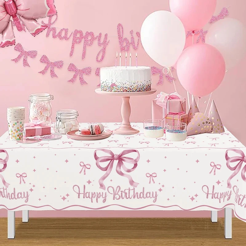Weiß-rosa Schleifen-Tischdecke, Coquette-Geburtstagsdekoration für Frauen, für Mädchen, Brautparty, Babyparty, Geburtstagsfeier, stilvolle Partyartikel