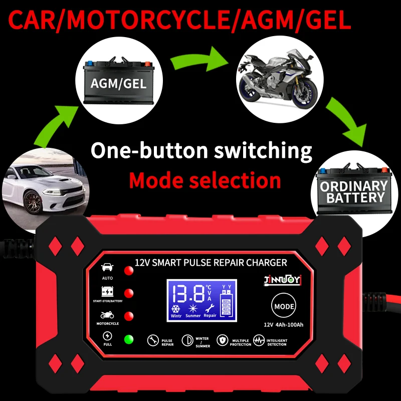 New Car Battery Charger 12V 6A Smart Pulse Repair Charger Fast Charging with LCD Lead Acid Battery For Auto Motorcycle Minivan