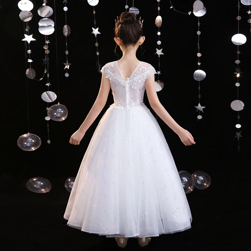 

Girls' Dress2025Summer New Fashionable Flower Girl White Fairy Host Show Birthday Piano Performance Costume