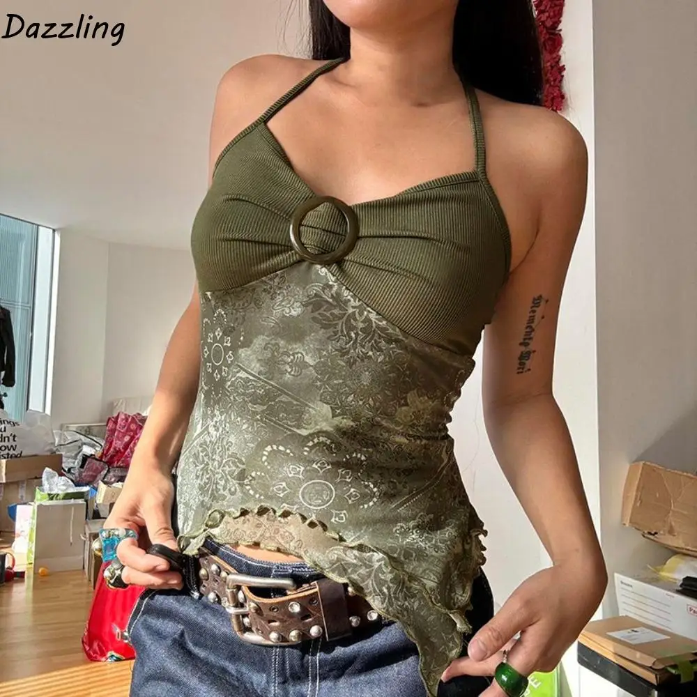 

All Match Backless Lace Halter Camisole Irregular Sweet Slim Crop Top Outfits Sleeveless Retro Boho Camisole Vacation