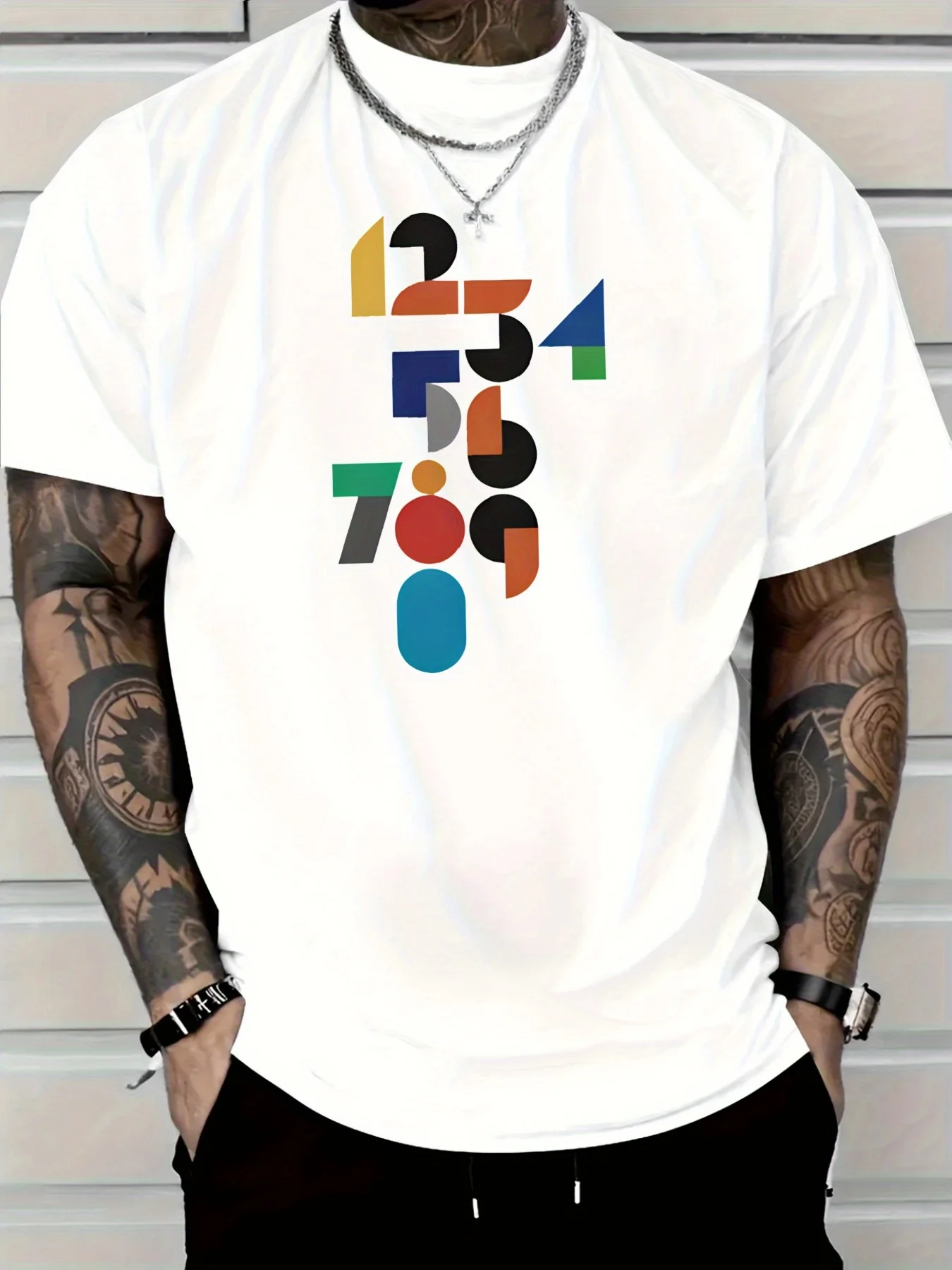 

Men's 180g 100% Cotton Casual T-Shirt with Colorful Geometric Number Print, Regular Fit Round Neck Short Sleeve Tee