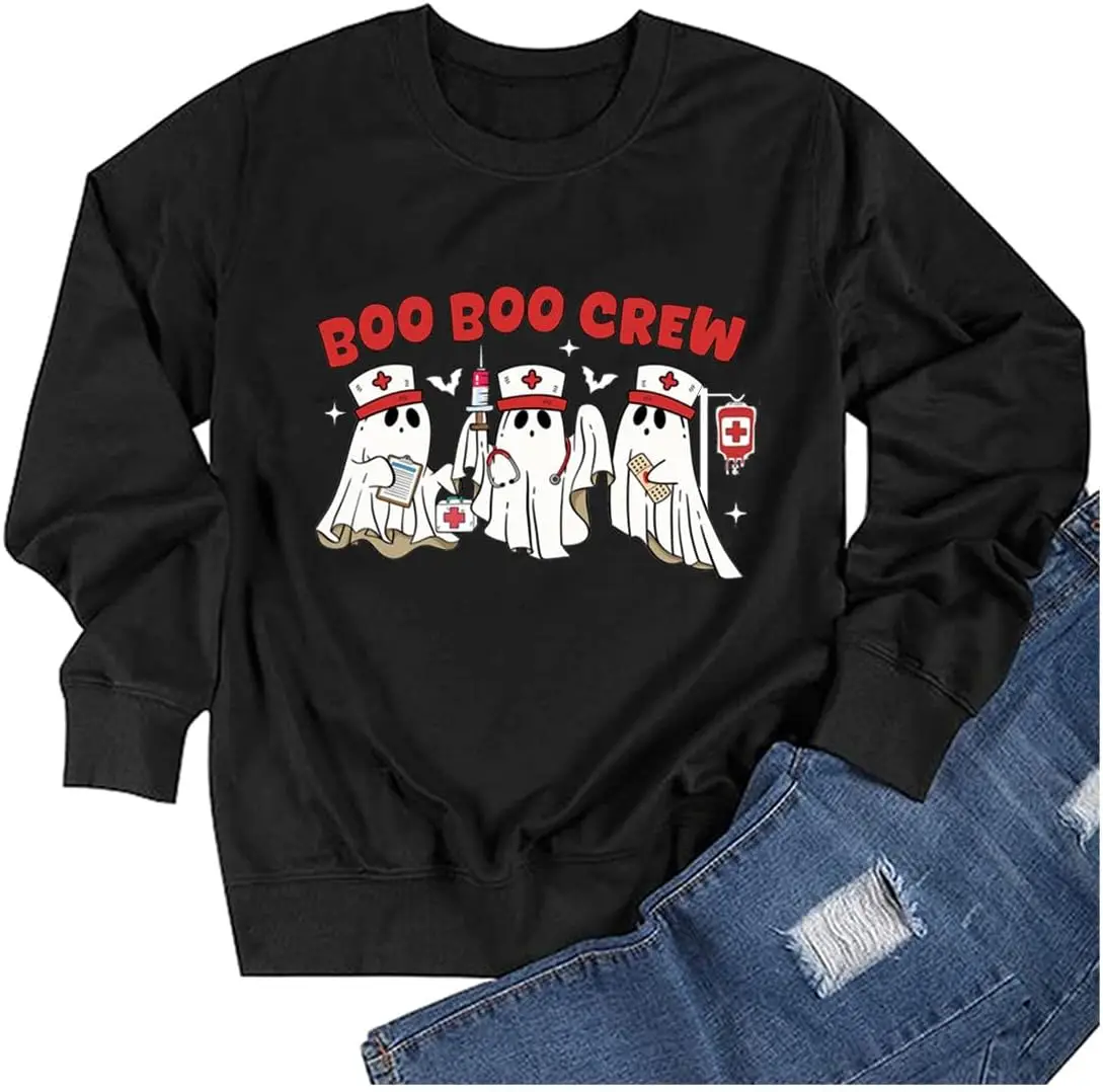 TSIIUO Women's Boo Boo Crew Nurse Sweatshirt Gift for Halloween Nurse Tshirt Funny Ghost Casual Long Sleeve Tops