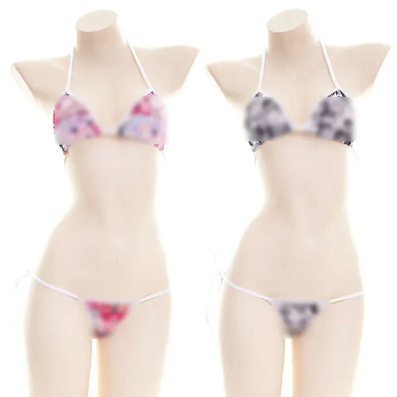 Ahegao Bikini Lingerie Bra &T-back G-string Panties 2PCS Cute Lolita Sexy Exotic Apparel Facial Expression Print Bra