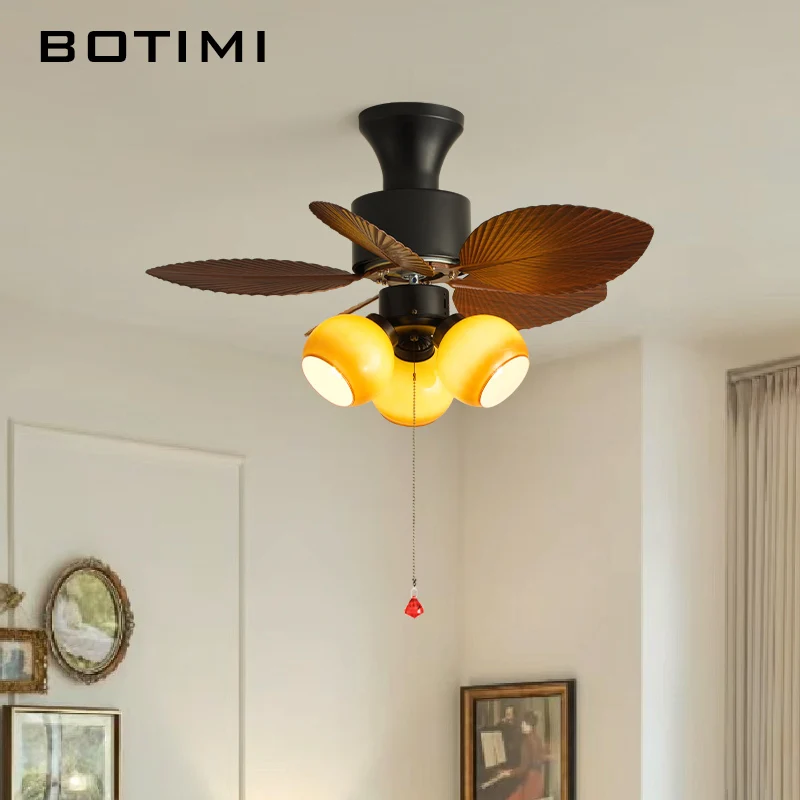 

BOTIMI 32 Inch Ceiling Fan With Glass Lampshade Lights For Living Room Brown Ventilateur de plafon Bedroom Cooling Fans Lighting