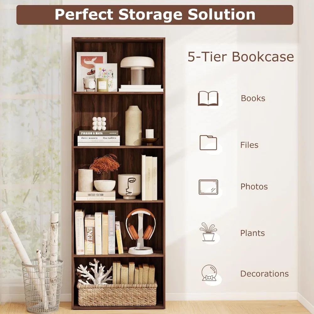 مجموعة خزائن كتب طويلة مكونة من 5 طبقات، أرفف خشبية قائمة على الأرض، ألواح سميكة، مضادة للرشح، حلول تخزين مفتوحة #6