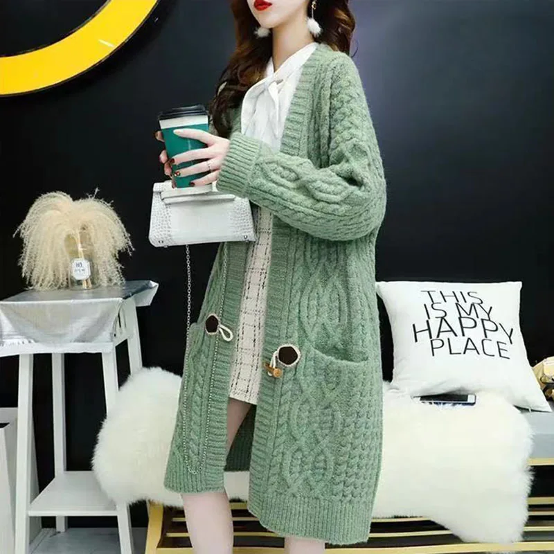 

Pockets Twist Women's Cardigans Knitted Sweater New Winter Coat Vintage Slim Long Cardigan Horns Sweater Female Knitwear Jackets