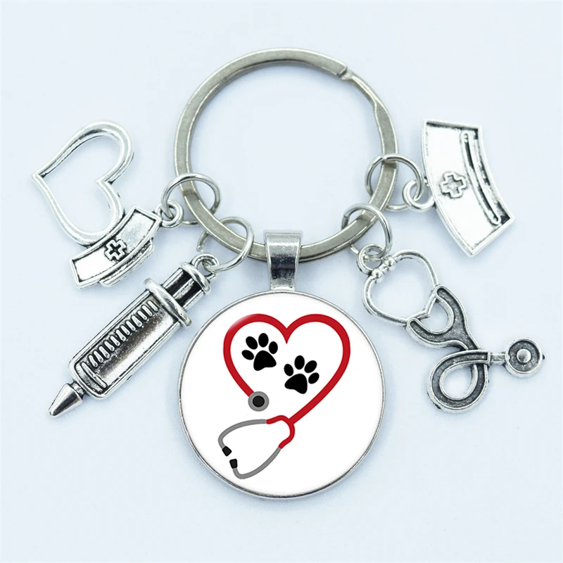 I love Veterinary Medicine Nurse Keychain Animal Doctor Keyring Glass Dome Cabochon Pendant Men and Women Fashion Charm Jewelry