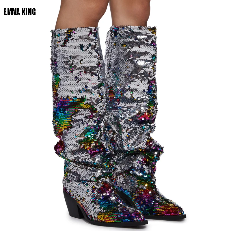 2025 Sequined bling bling knee high boots 8CM Heel Square Mid Heel Winter Boots for Woman Silver Loose Retro Pants Long Boots 44