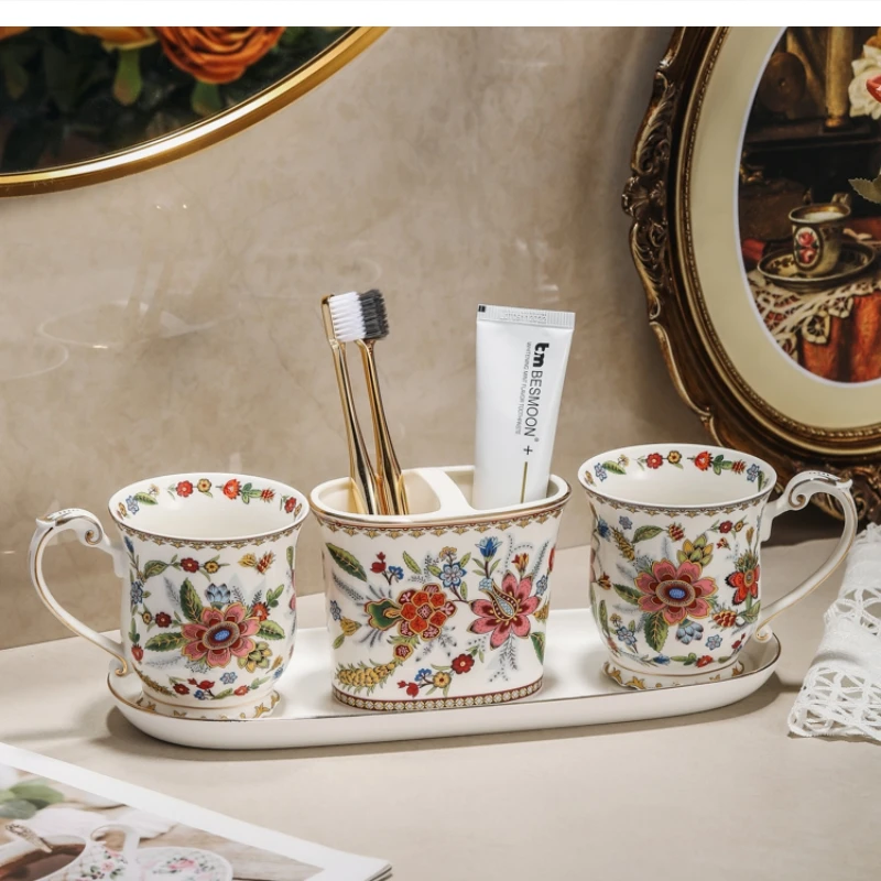 

French vintage floral ceramic bathroom set Toilet Foam lotion bottle Toothbrush cup soap dish Household luxury toiletries