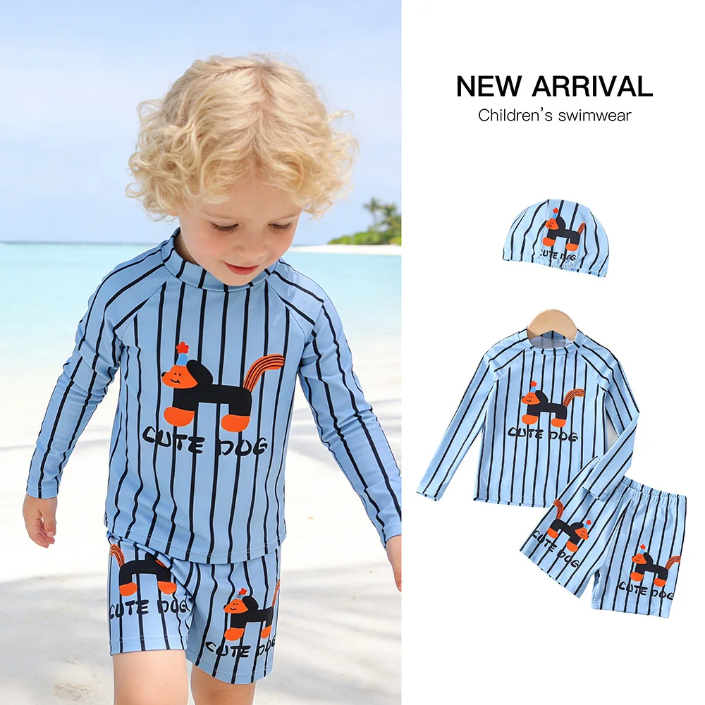 Boys Three-piece Swimsuit Kids Fashion Cartoon Striped Long Sleeve Sun-protective Surfing Suit Swimwear Baby Bathing Costume