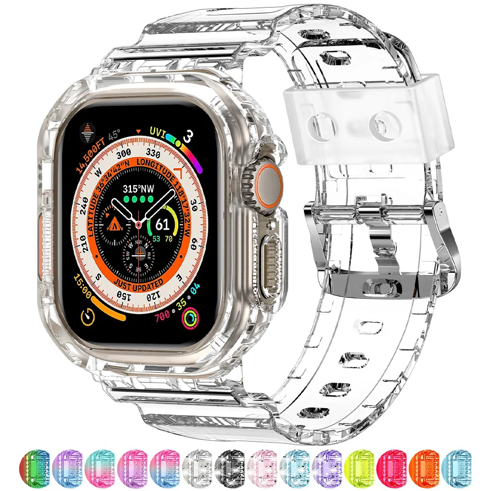 Transparent Sport Strap+Case for Apple Watch Ultra Band 49mm correa silicone bracelet+Protective cover iwatch series ultra 49mm