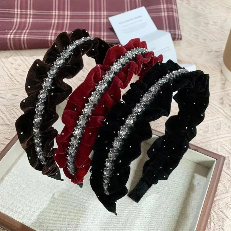 French Elegant Rhinestone Pleated Gold Velvet Headband with A High-end Feel and Temperament Water Drill Headband image 3