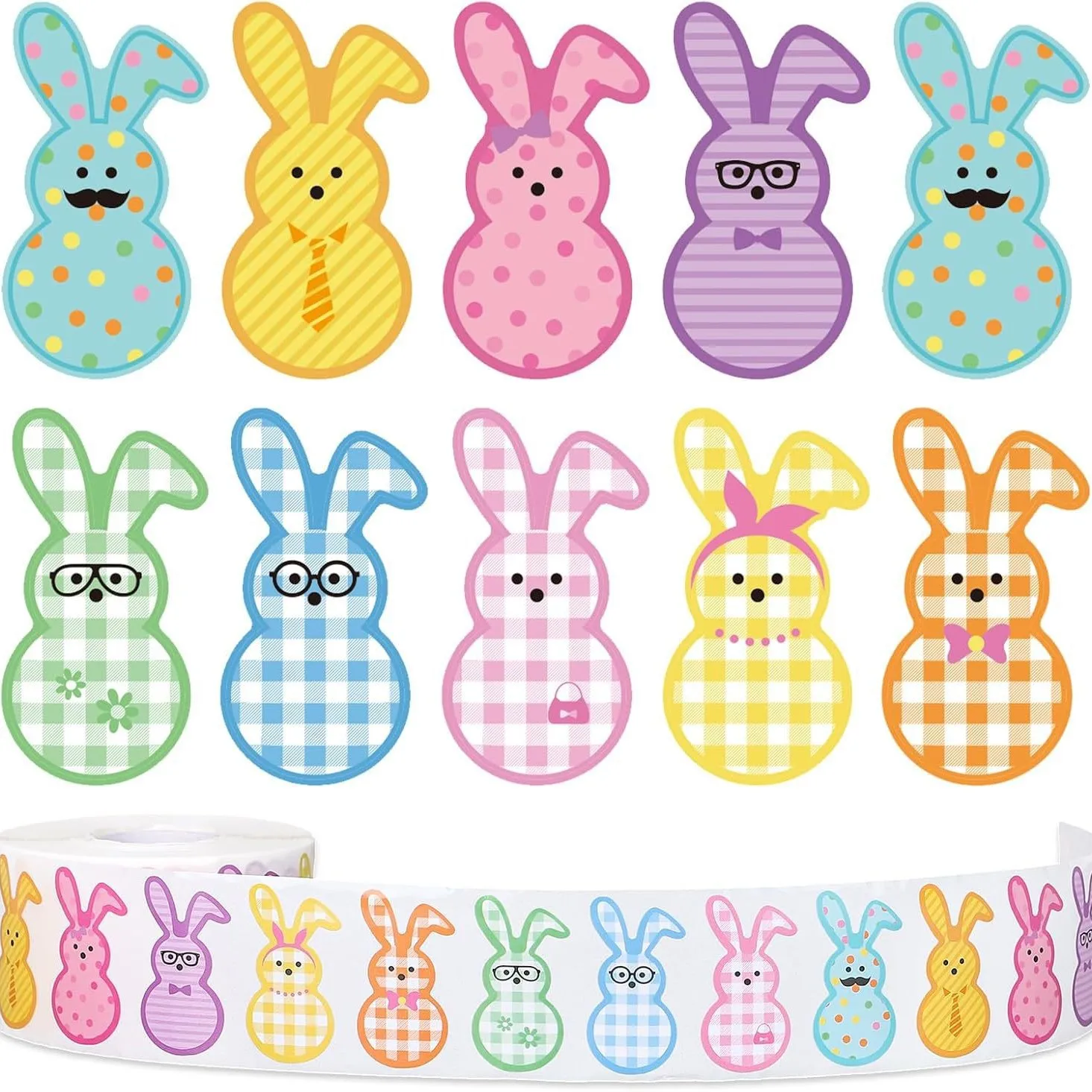 500Pcs Easter Bunny Stickers Roll Cute Colorful Rabbit Paper Decals 9 Designs Spring Plaids Dots Pattern Sealing Stickers