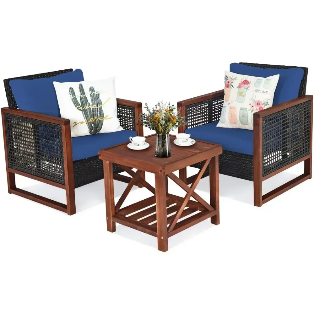 

Blue 3 Pieces Patio Wicker Furniture Set, Rattan Outdoor Sofa Set w/Washable Cushion & Acacia Wood Coffee Table