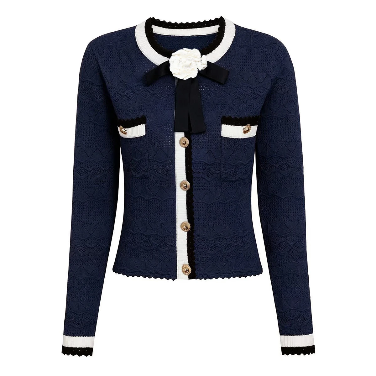 26269 High Quality Women Two Piece Knitted Outfit Bow Color Block Long Sleeve Cardigan With Skirt Summer Autumn Daily Suit
