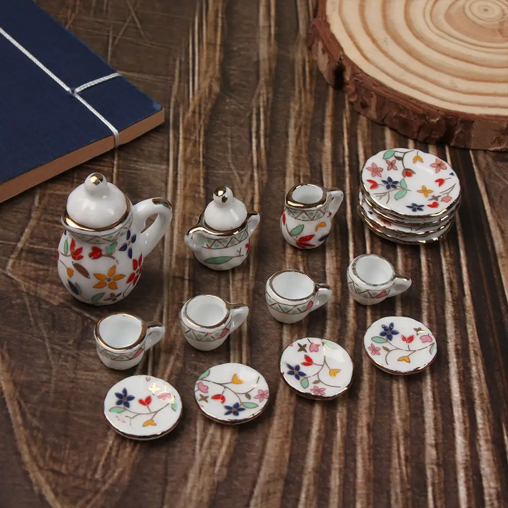 Gift Miniature Home Decoration Mini Tea Set Dollhouse Accessories Kitchen Miniature Flower Pattern