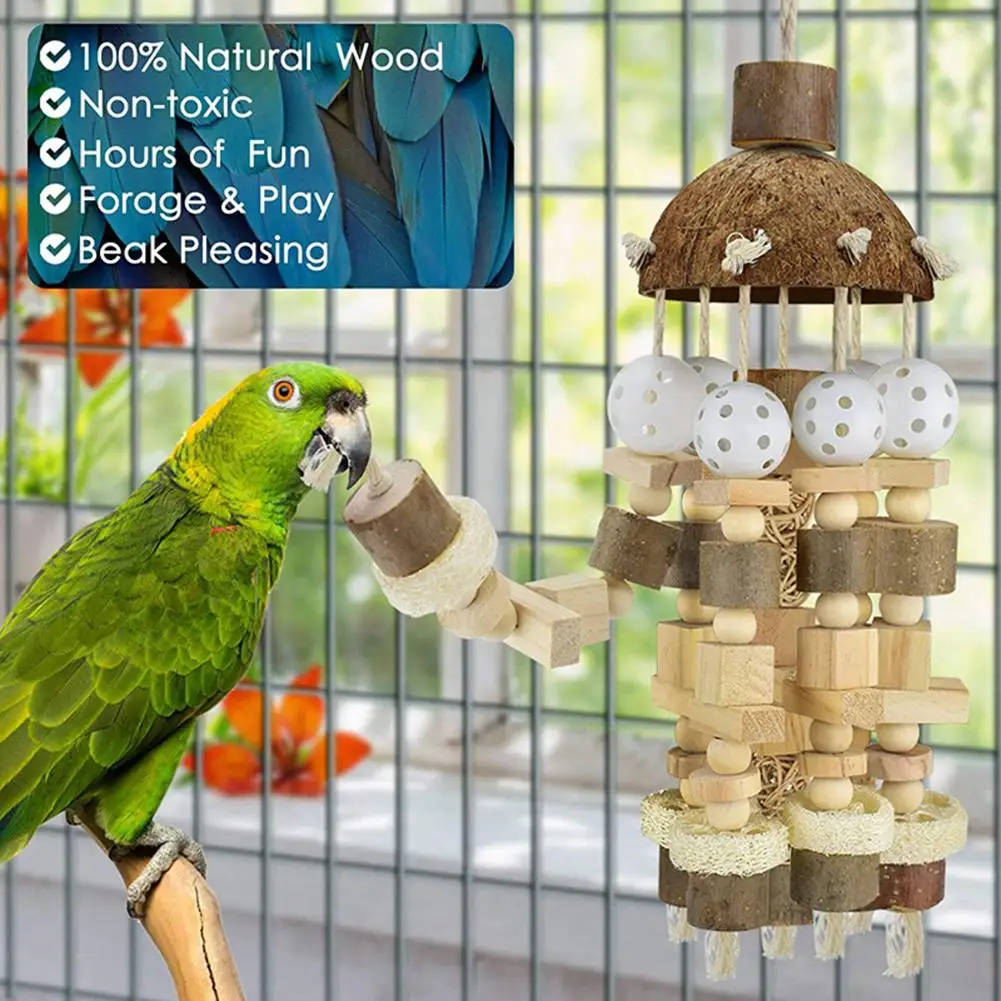 Pet Bird Macaws Cage Chewing Wooden Blocks String Coconut Shell Bite Tearing Toy