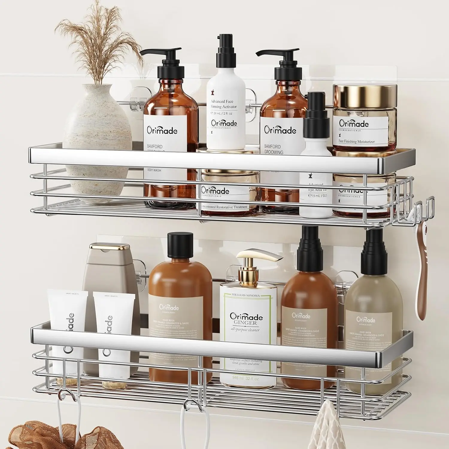

5-Hook Shower Caddy with Adhesive Mount, Stainless Steel Bathroom Storage Shelf - 2 Pack