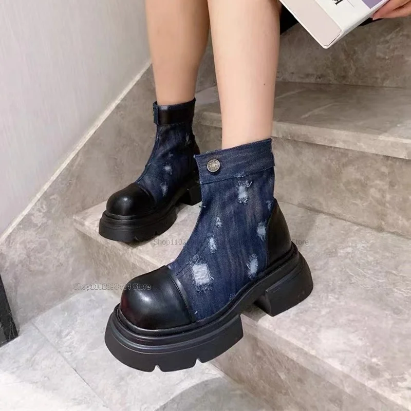 Mixed Color Square Buckle Decor Denim Boots Front Zipper Women Shoes Round Toe Retro Fashionable Novel 2023 Zapatos Para Mujere