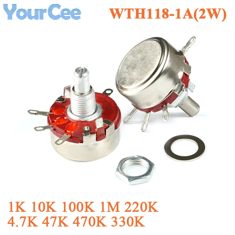 2pcs/1pc WTH118 2W 1A Potentiometer 1K 4.7K 10K 47K 100K 220k 330K 470K 1M ohm Round Rotary Shaft Resistor Resistance  WTH118-1A