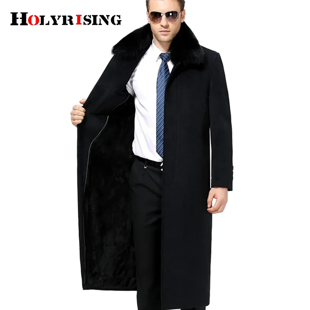 

6xl men wool overcoats thicken trench coat rabbit fur collar pockets woolen blend male peacoat business vintage clothes 19779