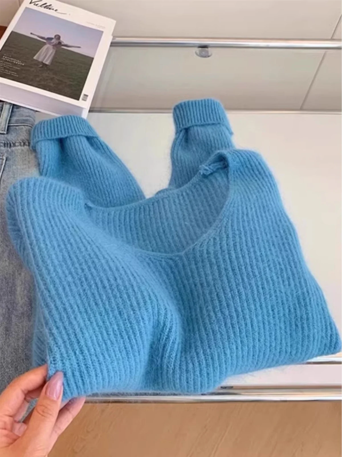 

Blue V-Neck Bear Fur Soft Lazy Knitted Sweater Women's Autumn Winter Overhead Woolen Top Comfortable Loose Fit Korean Style