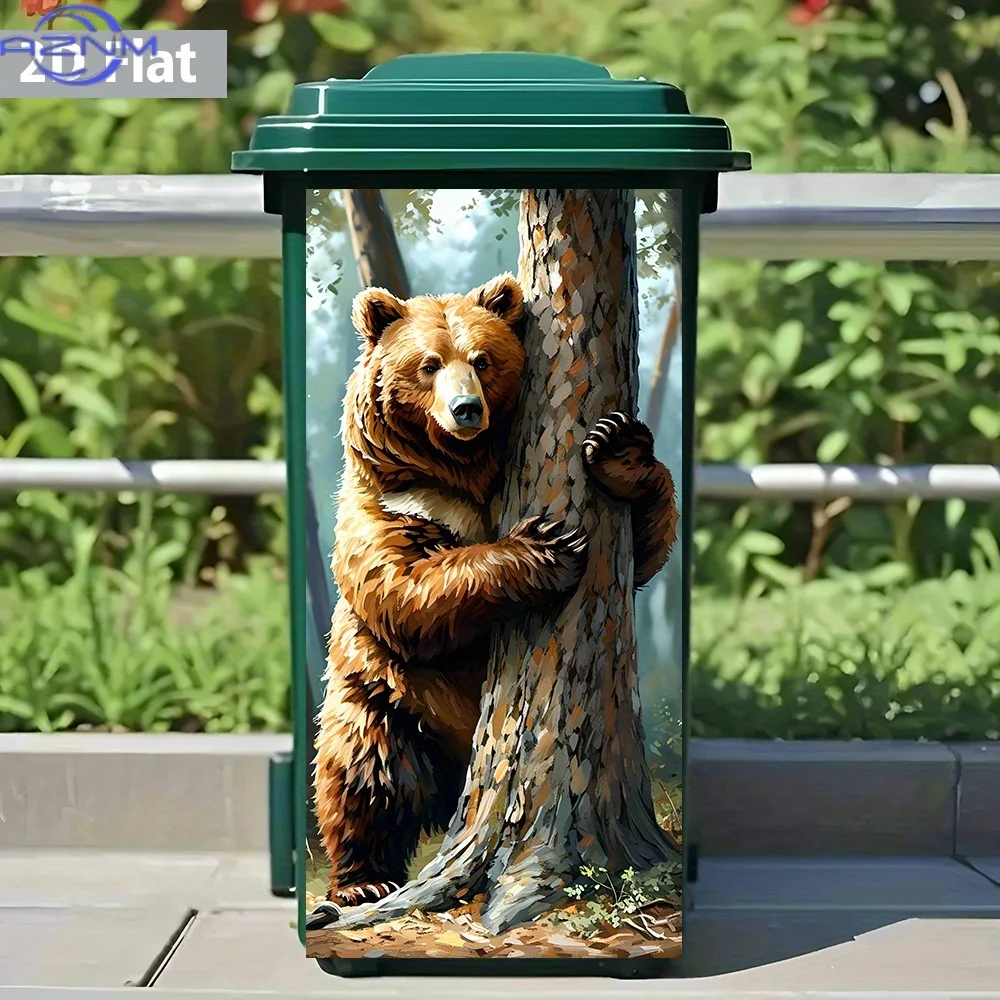 Sticker of a 2D Flat Brown Bear Embracing a Tree Trash Can - Made of PVC, Adhesive And Removable - Perfect for Nature-Themed H