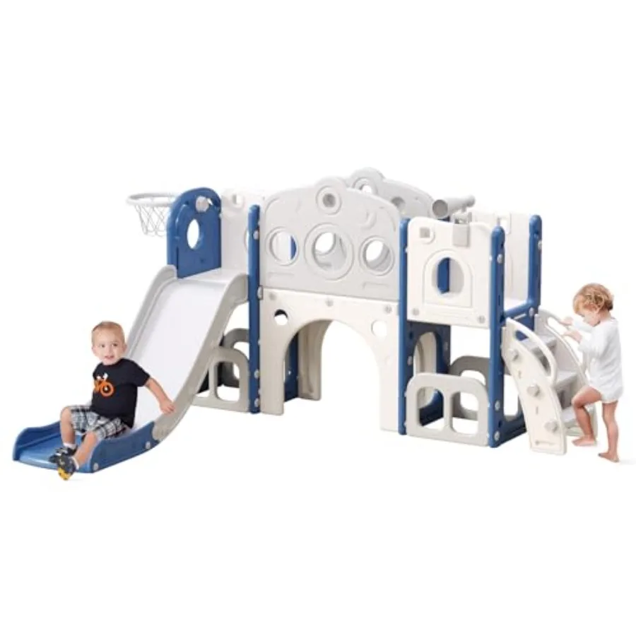 

8 in 1 Toddler Slide Outdoor Indoor Playset for Baby Age 1-3 Childs Climber Slide with Storage Space and Non-Slip Steps Basketb