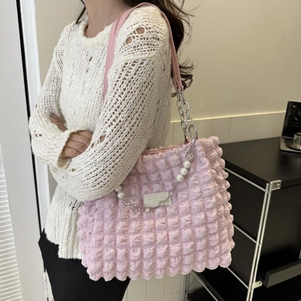 

Cute Beaded Pleated Tote Bag Chain Korean Style Plaid Handbag Large Capacity Dumplings Bag Bubble Cloud Bag Office Worker