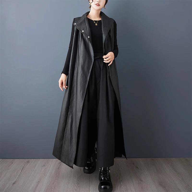

Casual Loose PU Leather Jaet Long Stand Collar Windbreaker Outerwear Faionable Design Sense Asymmetrical High-End Feeling