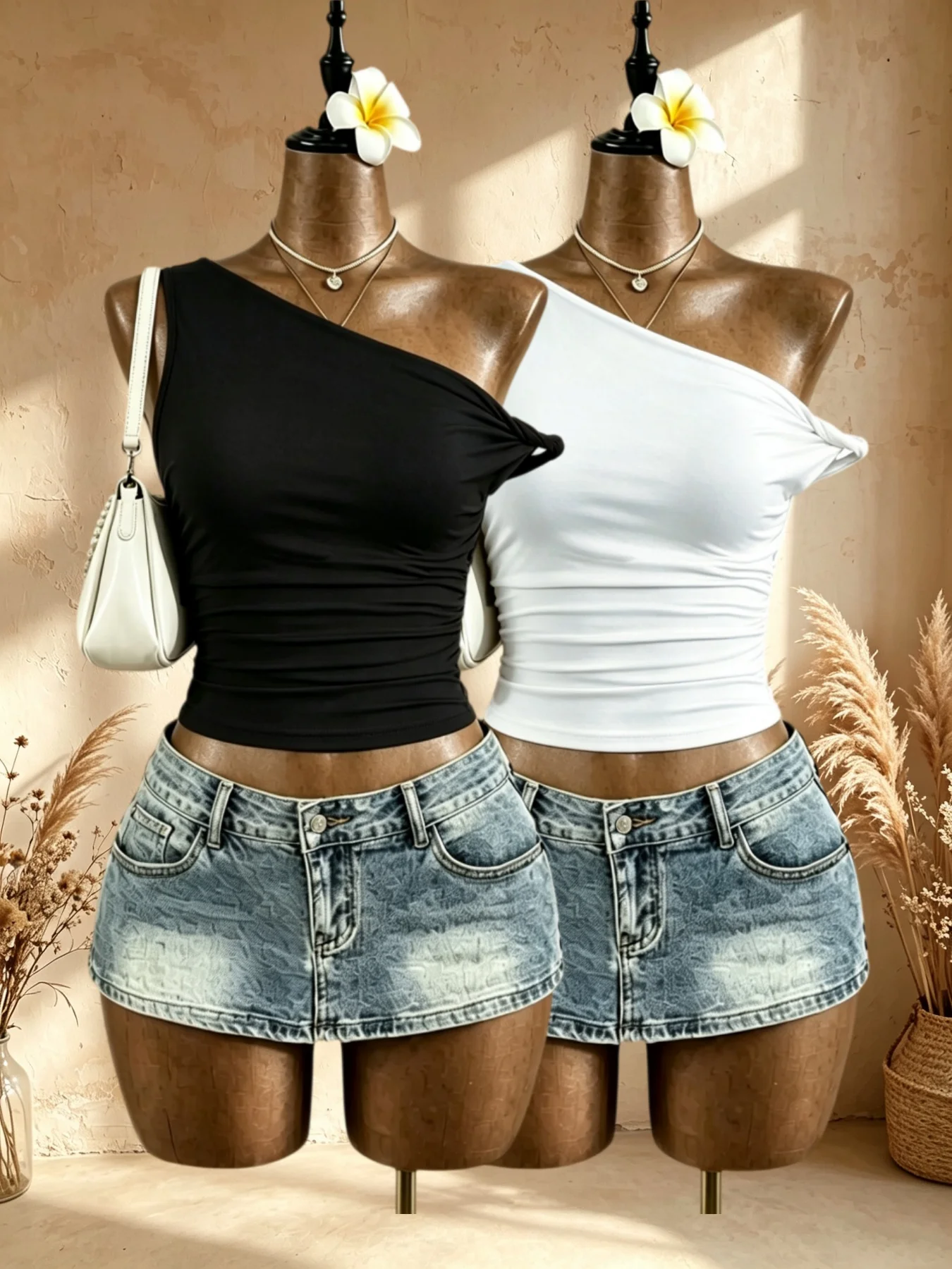 2 Pack Women One Shoulder Sleeveless Top Side Twist Knot Ruched Waist Slim Fit Crop Tee Y2K Sexy Vacation Party Casual Shirt