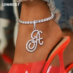 Iced Out Tennis Chain Anklet With Cursive Letter Hip Hop Crystal A-Z Initials Zircon Pendant Anklet Bracelet For Women Jewellery