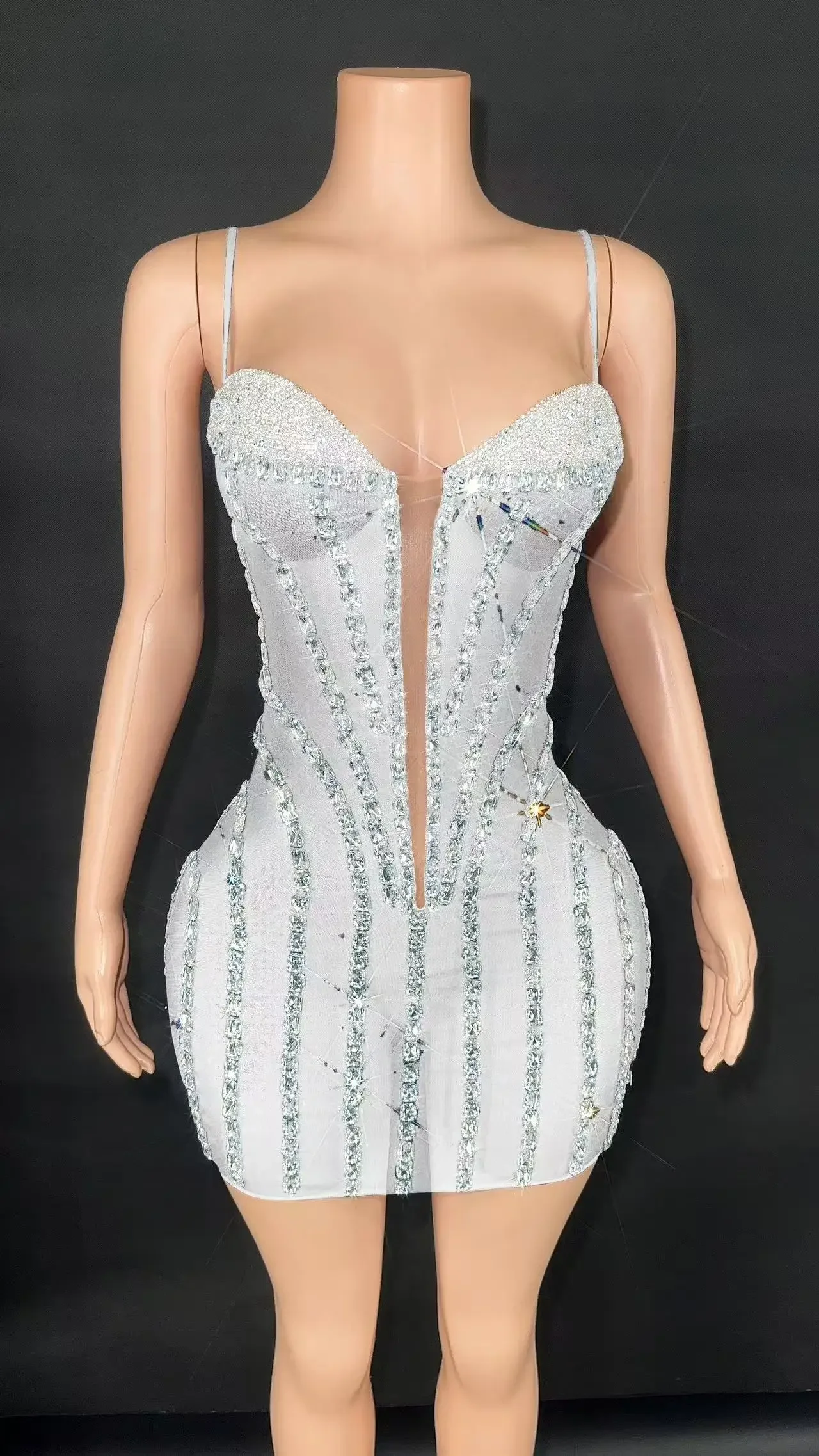 

Rhinestones Sleeveless Mesh Transparent Short Dress Women Birthday Celebrate Prom Dance Dress