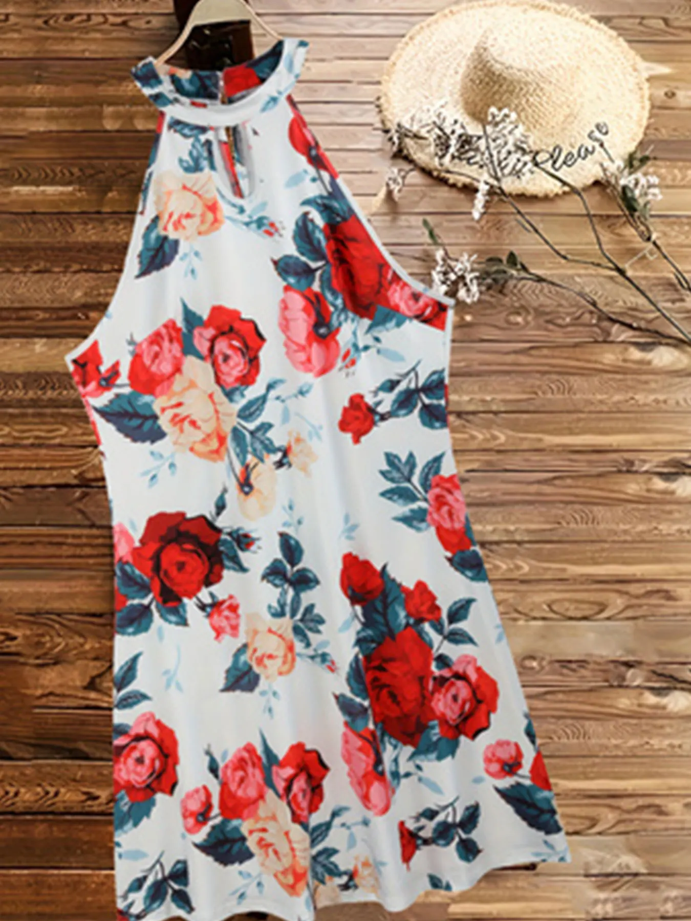 Plus Size Floral Print Keyhole Dress, Casual Halter Neck Sleeveless Dress For Spring & Summer, Women's Plus Size Clothing