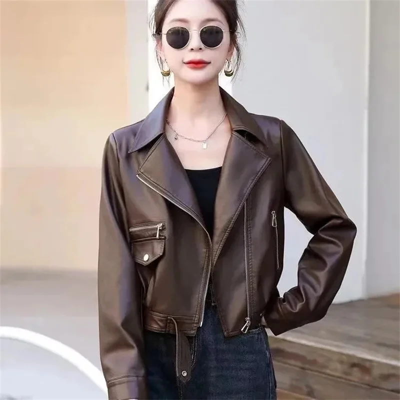 2024 Spring And Autumn New Leather Jacket Women's Short Motorcycle Robe Explosive Casual Small PU Leather Suit Collar Jacket