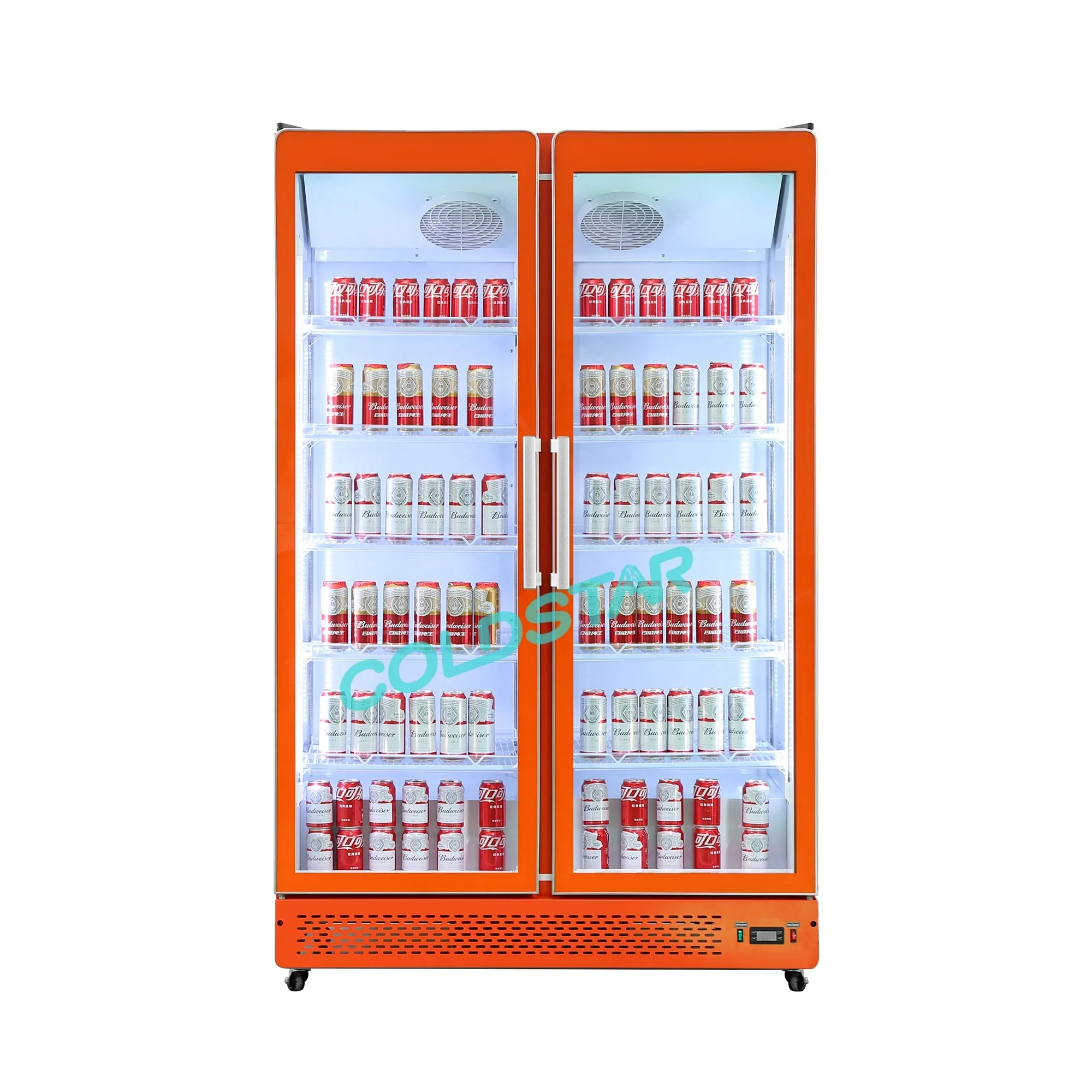 معدات التبريد التجارية ذات الباب المزدوج، عرض المشروبات الباردة، ثلاجة عرض زجاجية للسوبر ماركت