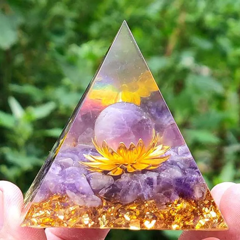 Lotus Orgonite Pyramid Amethyst Orgone Energy Black Obsidian Healing Reiki Chakra Meditation Gem Table Top Decoration