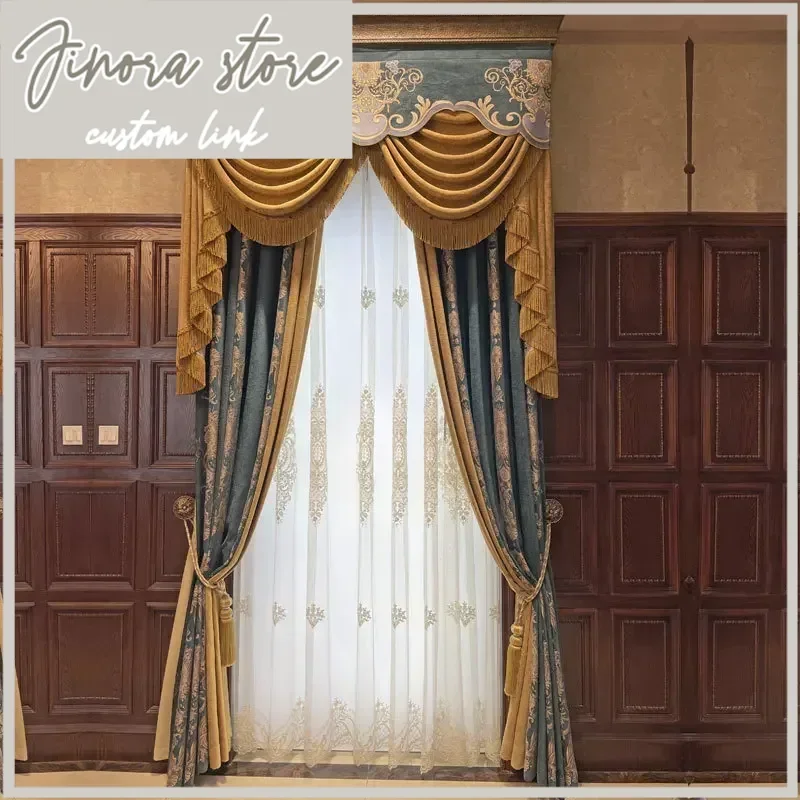 

Retro Chenille Jacquard Stitching Thickened Blackout Curtains For Living Room Bedroom French Window Villa Customization Blue