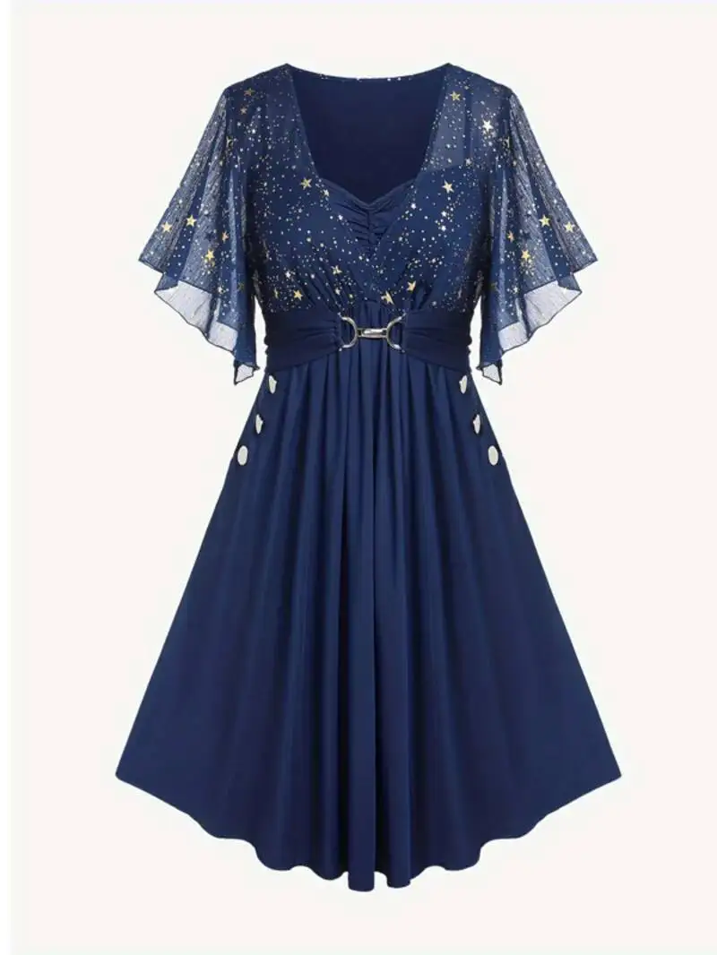 Fashion Women's Plus Size Explosions Star Print Button Pocket Pleats Butterfly Sleeve Elegant Temperament Dress Tops GLR0