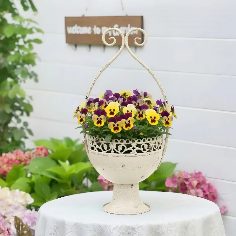 Metal Ironwork Retro Vintage Flower Pot Garden Balcony Courtyard Plant Vase Home Furnishings White Flower Pot Decorate Ornaments