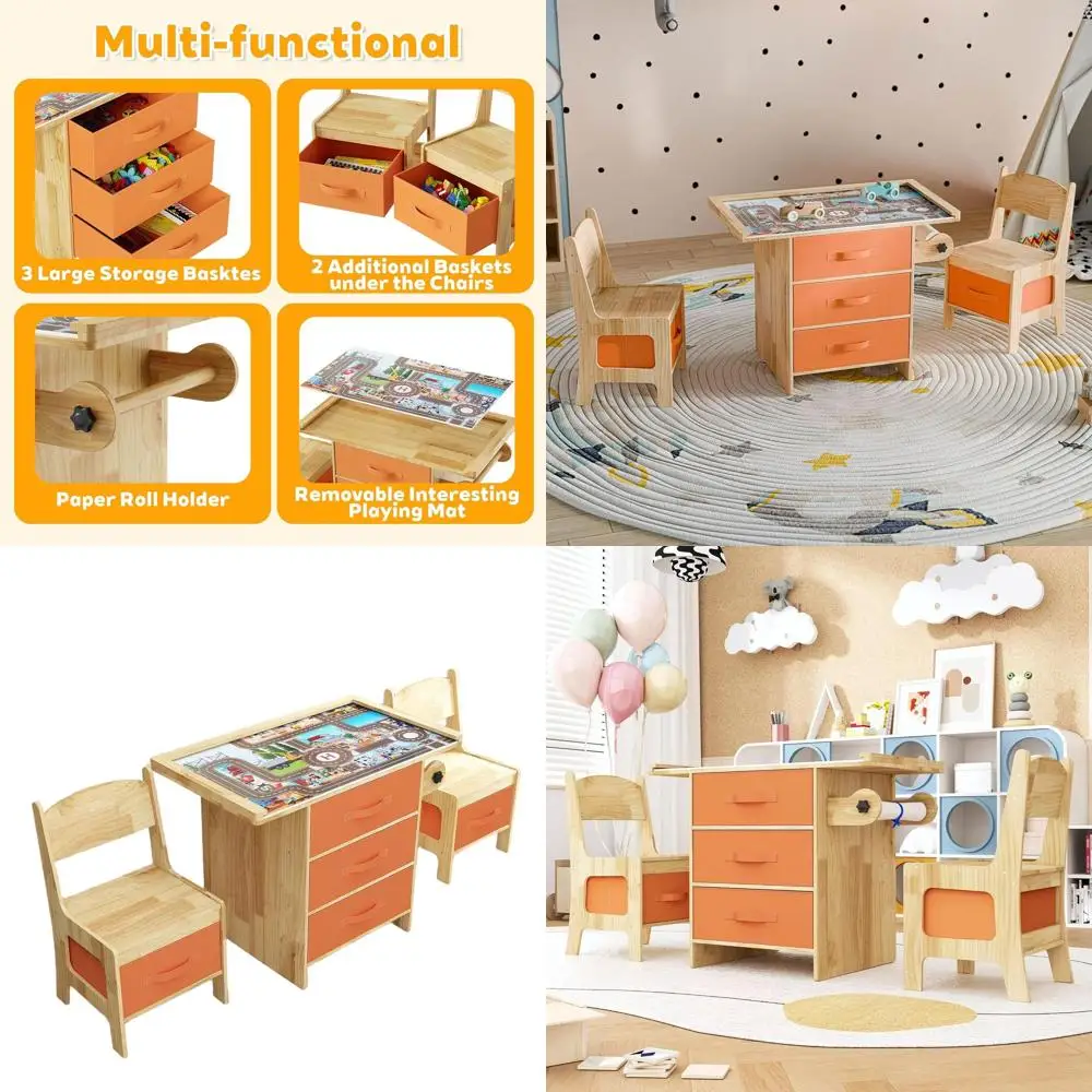 

3-in-1 Pine Wood Toddler Table and Chair Set with Storage, Natural Finish, Ideal for Drawing, Reading