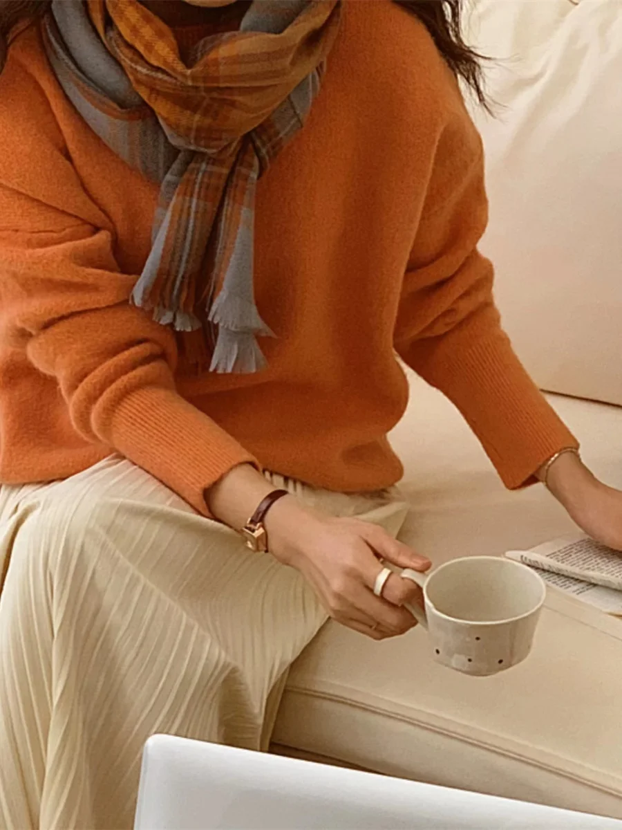 

Thiened Sweet Orange Knitted Sweater Soft Plu Casual round Ne Pure Color Commuter Leisure Knitwear for Women