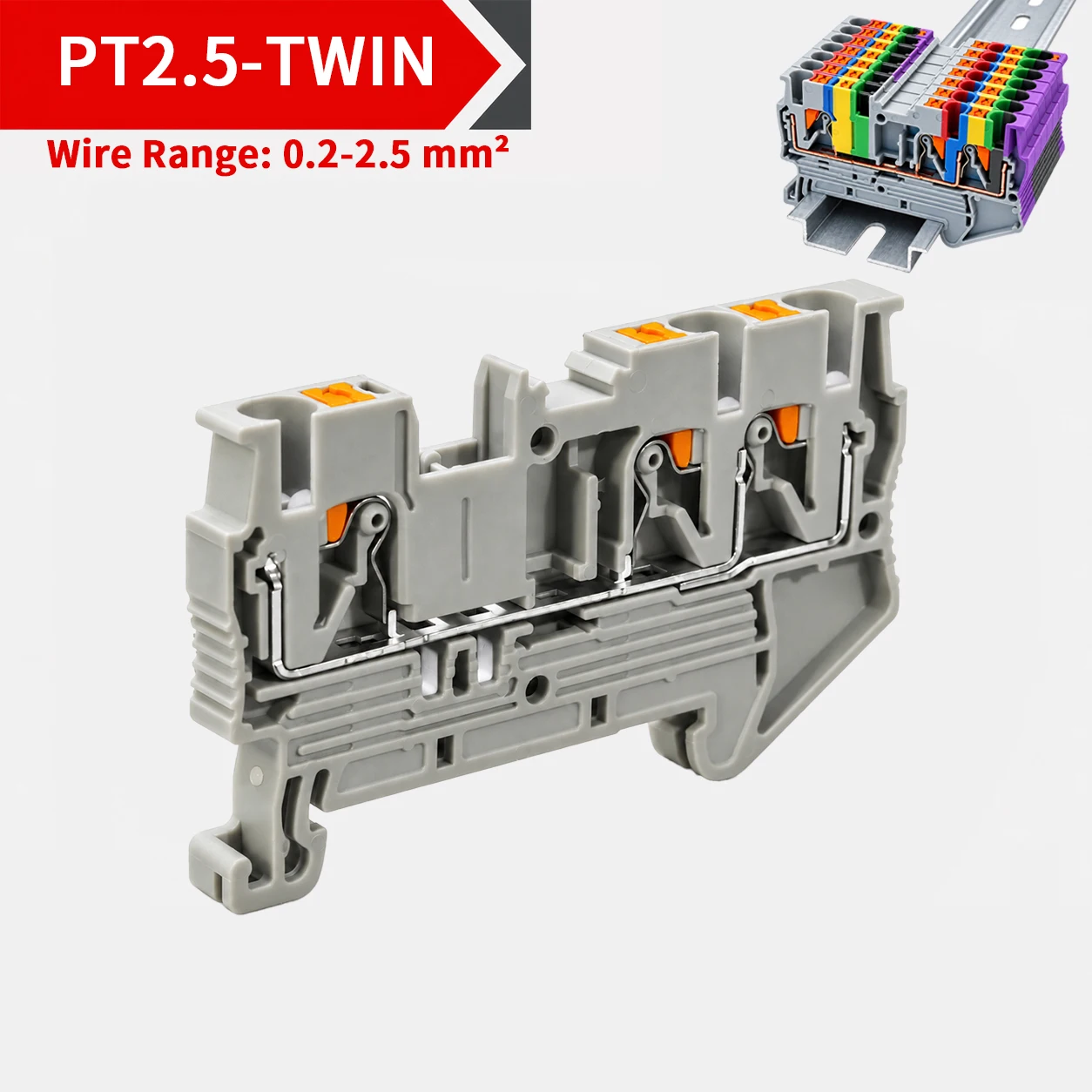 1-50PCS DIN Rail Terminal Block PT2.5-TW Twin 3-Conductor Feed Through Push In Spring Connector 2.5mm2 NS35 Electrical Wiring