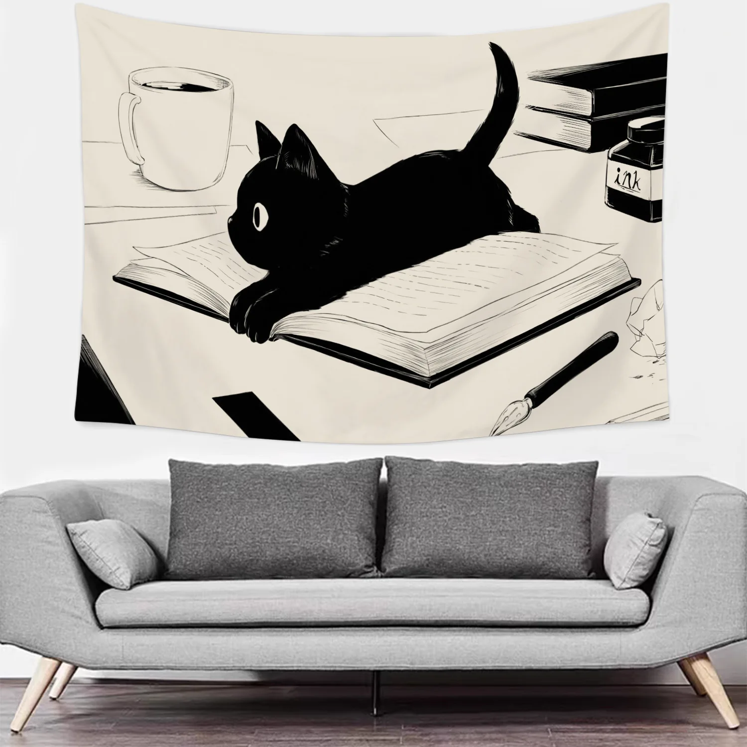 VIKAMA Black and White Reading Small Black Cat Tapestry HD Wear resistant Fabric Living Room Room Decoration Home Furnishings