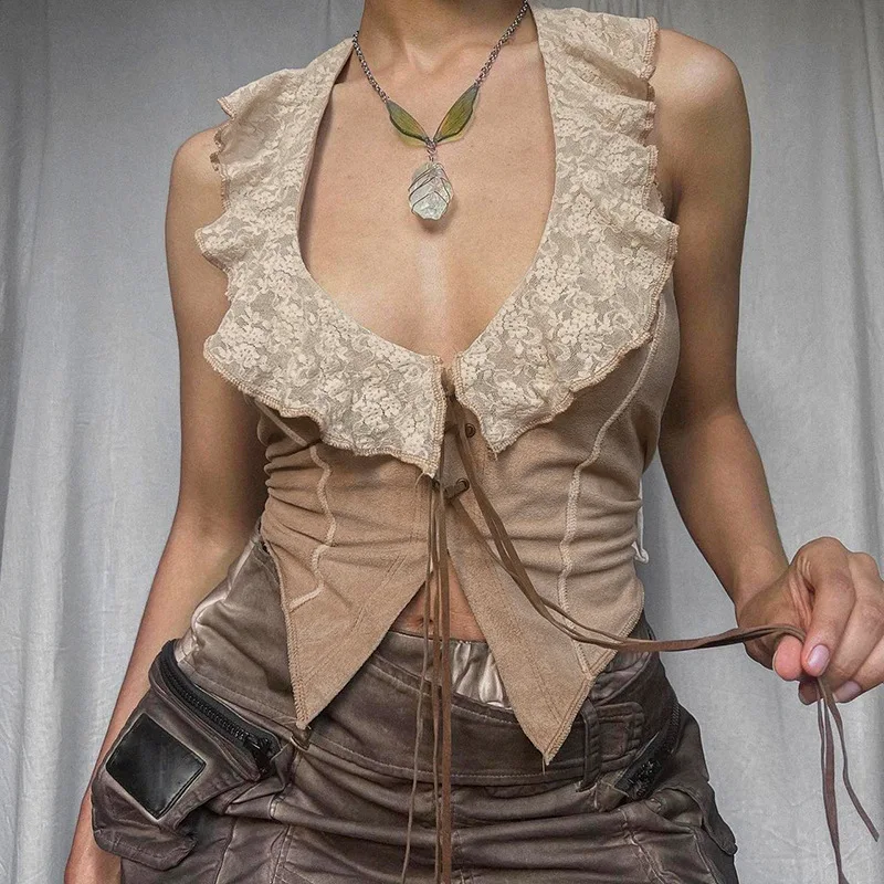 

American Retro Women's Lace Collar Khaki Camis Vintage Lace-up Irregular Hem Boho Tank Tops Sexy Cowboy Style Suede Vest Tops