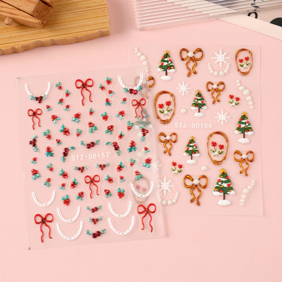 Autocollants à nœud papillon de canneberge en relief 5D, pour ongles, arbres de noël, flocons de neige, Design auto-adhésif pour Nail Art, décoration d'ongles pour nouvel an, DIY bricolage
