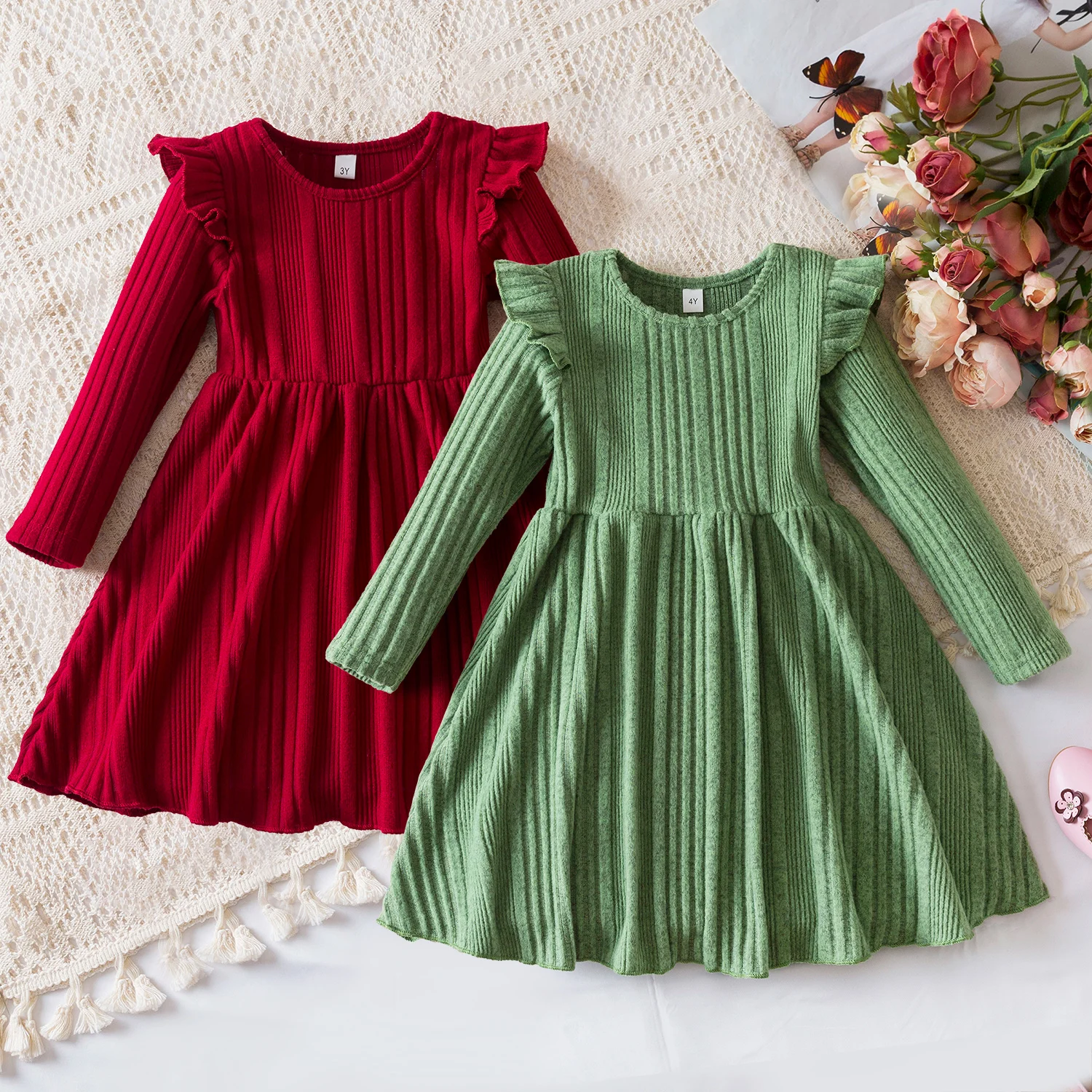 Kids Girls Autumn Dress Ruffles Long Sleeve Solid Knit Warm Dress A-Line Dress Baby Outfit Sweater Winter Children Clothes 3-8Y