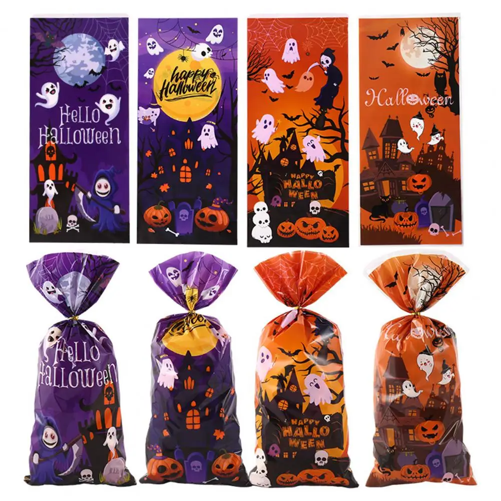 100 Pcs Halloween Candy Bag Ghost Pumpkin Castle Treat Bag Leak-Proof Food Storage Holder For Candy Cookie Biscuit Snack