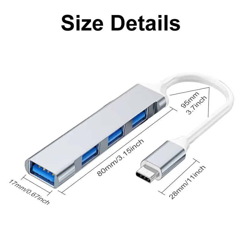 Type-C USB 3.0 Hub 4-Port USB Splitter Multiport Expander for Laptop Desktop Mouse Keyboard Flash Drive U Disk Printer and More