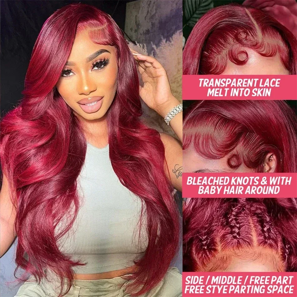 Wig rambut manusia bergaris renda 13x6 HD 220% Wig rambut manusia garis merah gelombang tubuh renda merah Wig rambut manusia depan 99J Wig berwarna untuk wanita